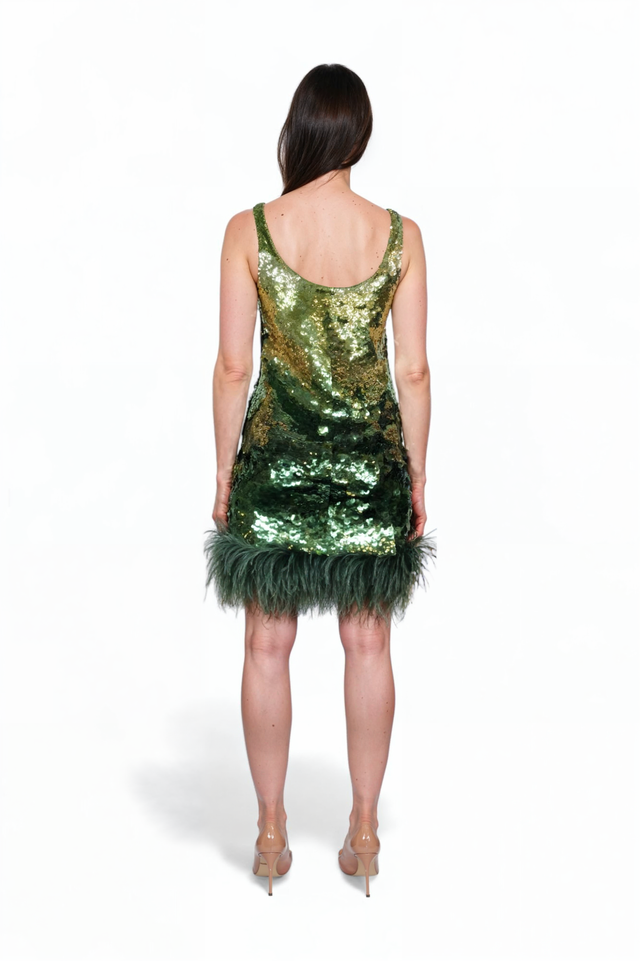 Green Sequin Mini Dress with Feather Hem