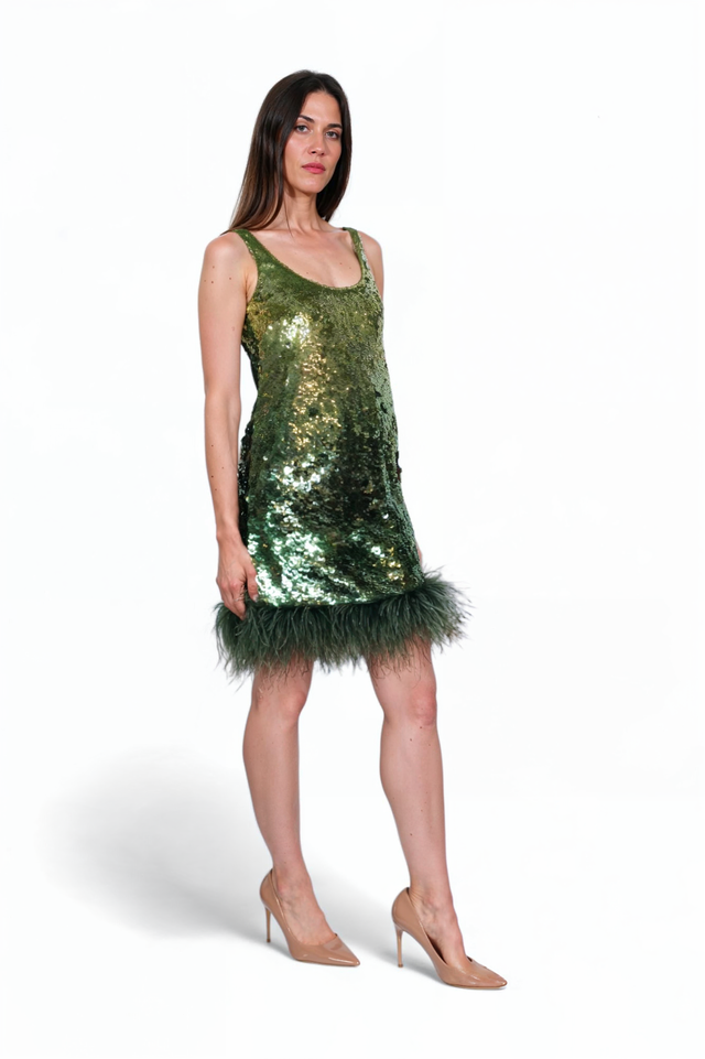 Green Sequin Mini Dress with Feather Hem