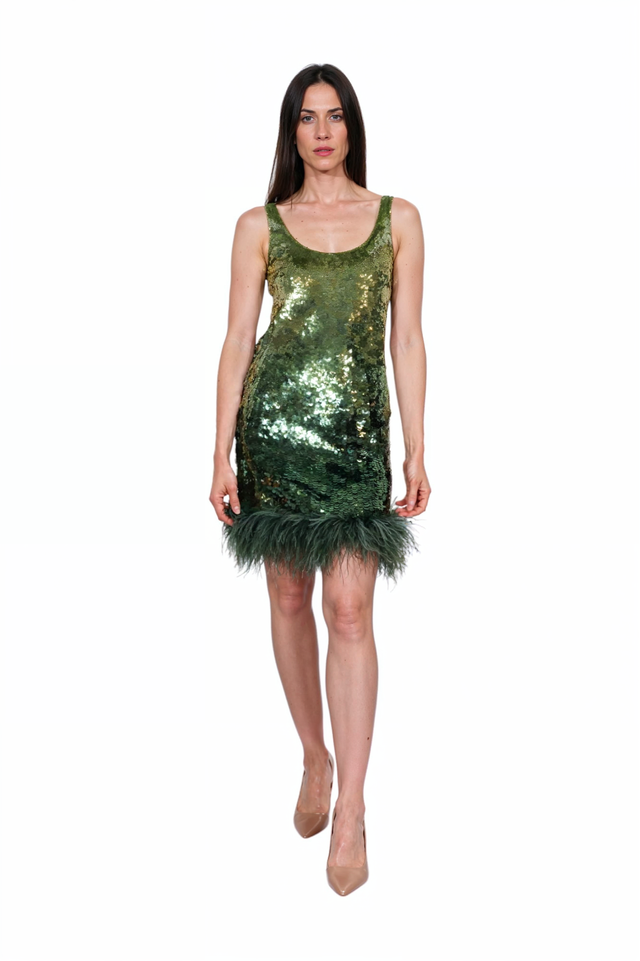 Green Sequin Mini Dress with Feather Hem