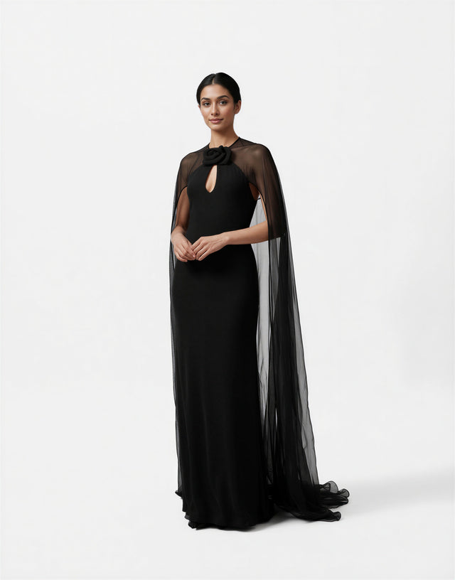 Valentino Black Sheer Cape Gown with Keyhole Neckline
