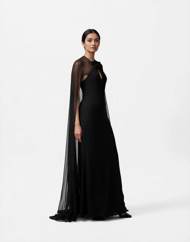 Valentino Black Sheer Cape Gown with Keyhole Neckline