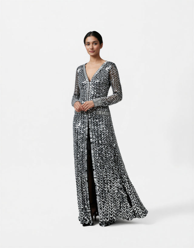 Valentino Silver Mirror-Embellished Deep-V Evening Gown