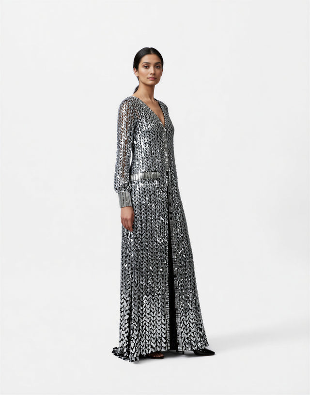 Valentino Silver Mirror-Embellished Deep-V Evening Gown