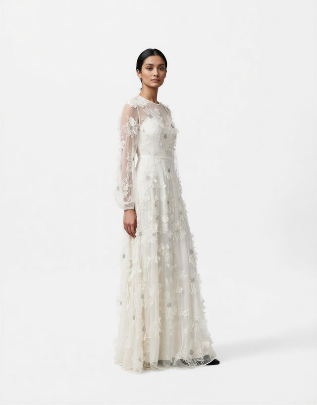 Valentino Sheer Floral Appliqué Long-Sleeve Gown