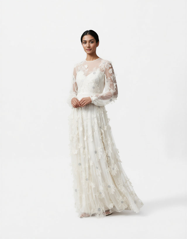 Valentino Sheer Floral Appliqué Long-Sleeve Gown