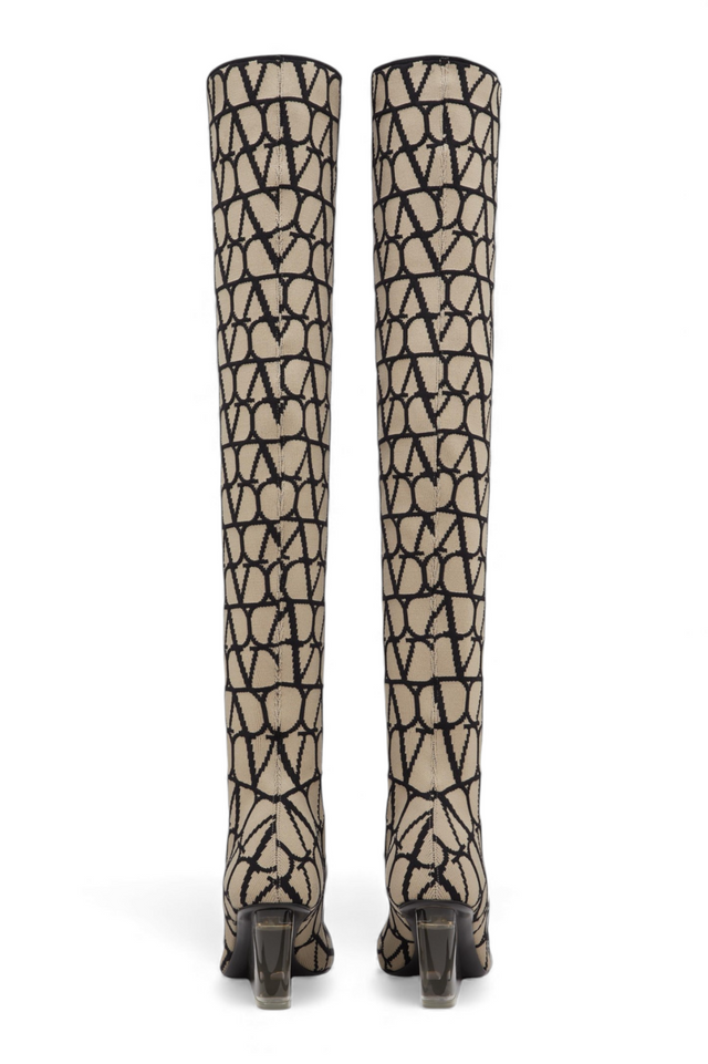 Valentino Garavani VLogo Knit Over-the-Knee Boots — Beige & Black