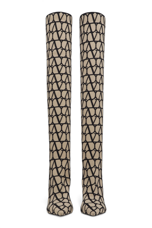 Valentino Garavani VLogo Knit Over-the-Knee Boots — Beige & Black