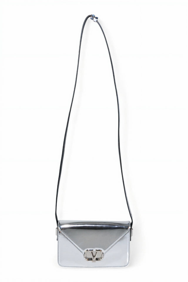 Valentino Garavani VLogo Metallic Silver Leather Crossbody Bag