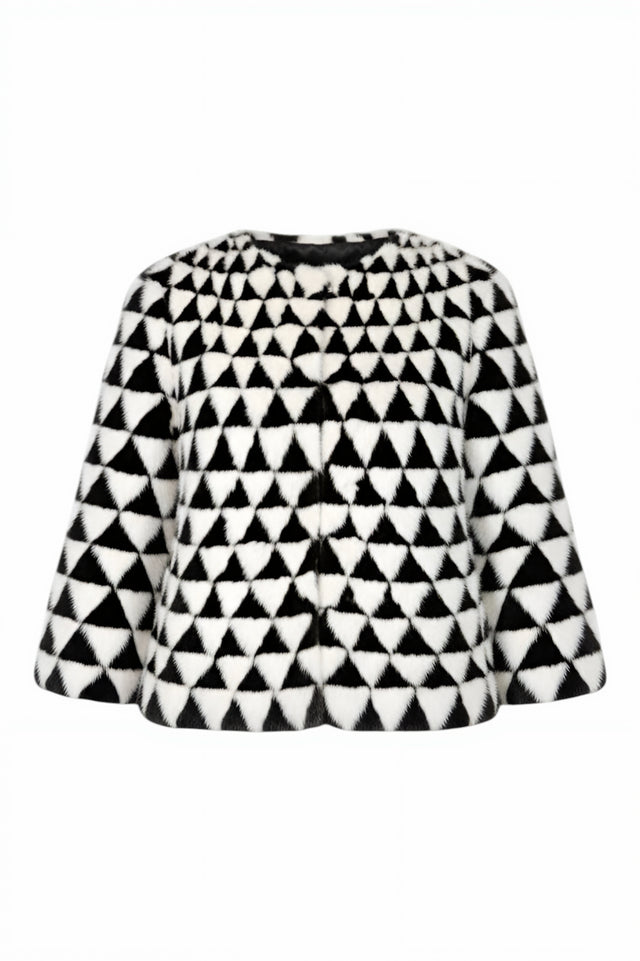Valentino Black and White Geometric Patterned Fur Jacket