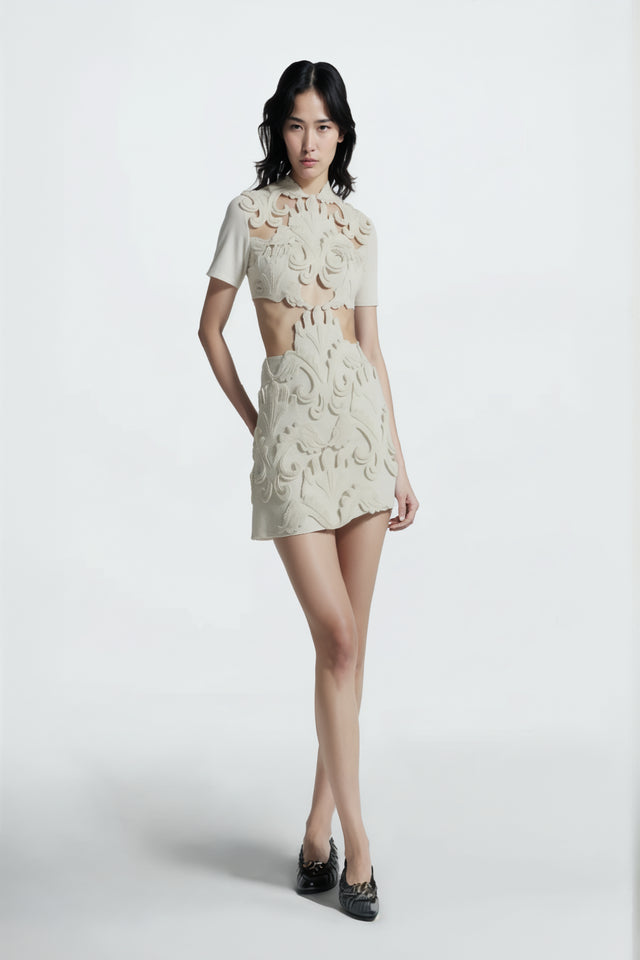 Valentino Ivory Appliqué Cutout Mini Dress