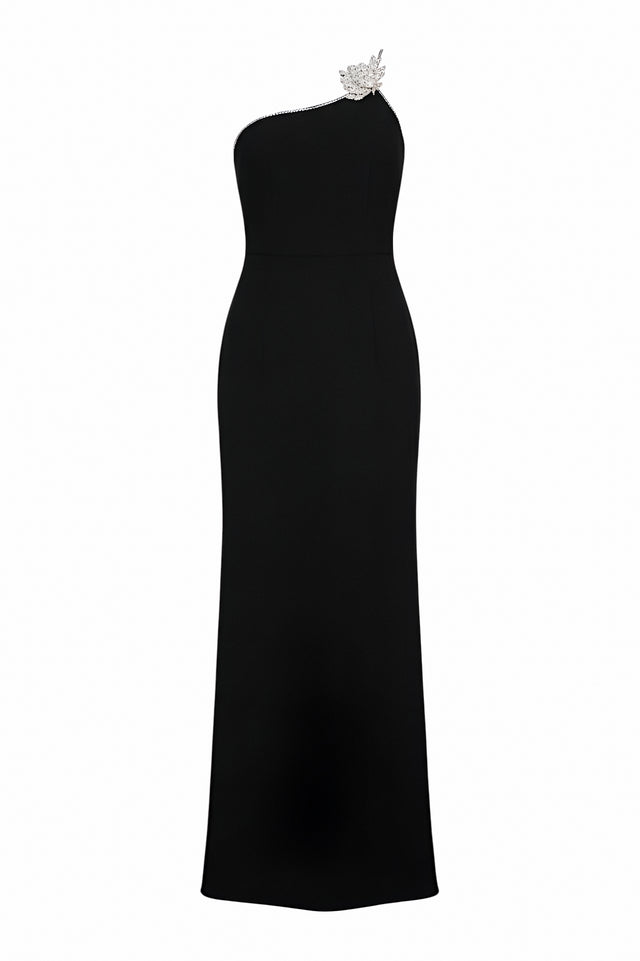 Valentino One-Shoulder Black Gown with Crystal Embellishment