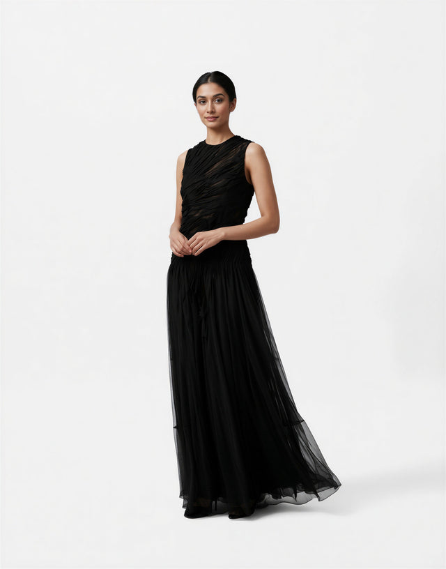 Valentino Black Ruched Sleeveless Tulle Evening Gown