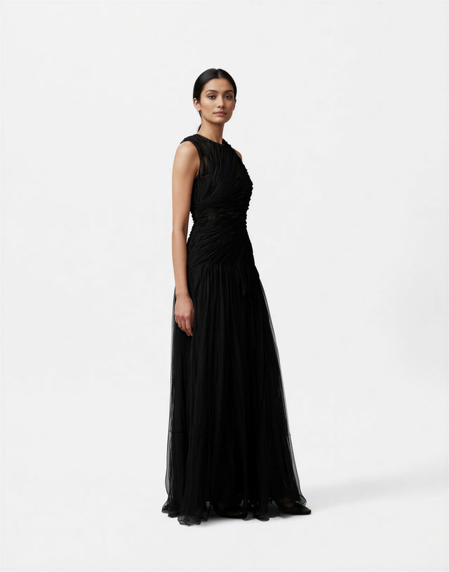 Valentino Black Ruched Sleeveless Tulle Evening Gown