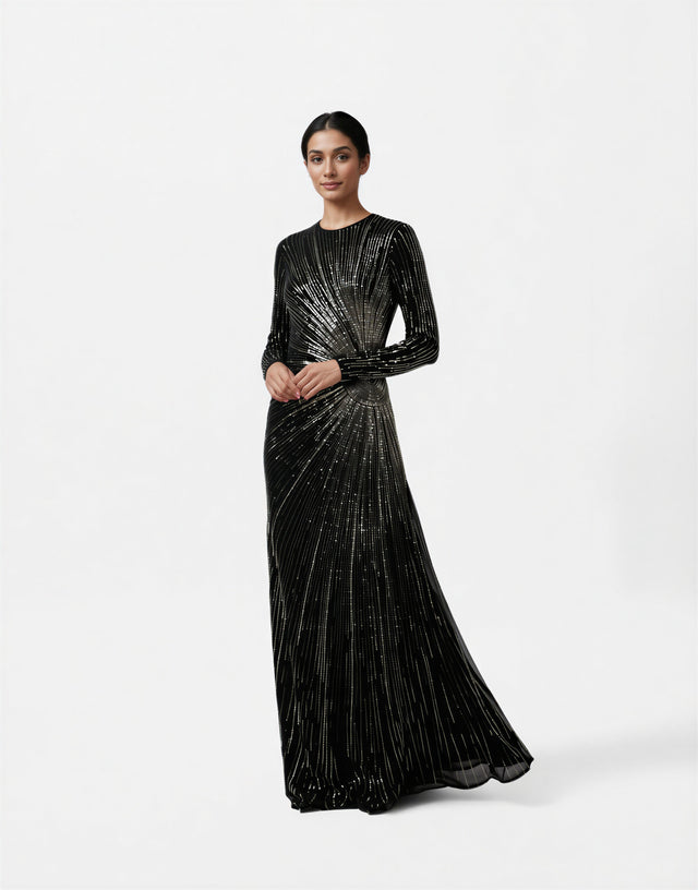 Valentino Black Metallic Beaded Long-Sleeve Evening Gown