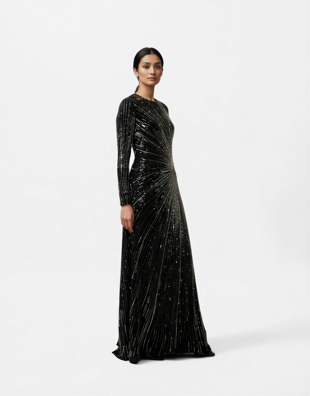 Valentino Black Metallic Beaded Long-Sleeve Evening Gown