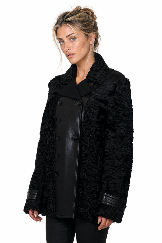 Valentino Double-Breasted Leather-Trimmed Persian Lamb Shearling Coat in Jet Black