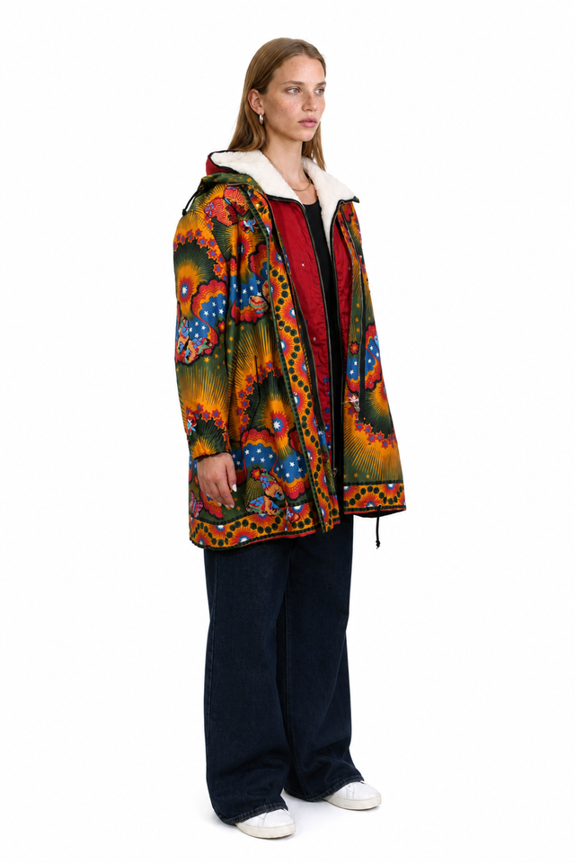 Valentino Printed Hooded Parka – Multicolour Shearling Collar Coat