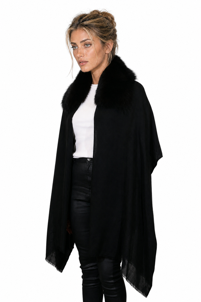 Valentino colorblocked cashmere wool cape wrap with mink fur collar in jet black and blush pink