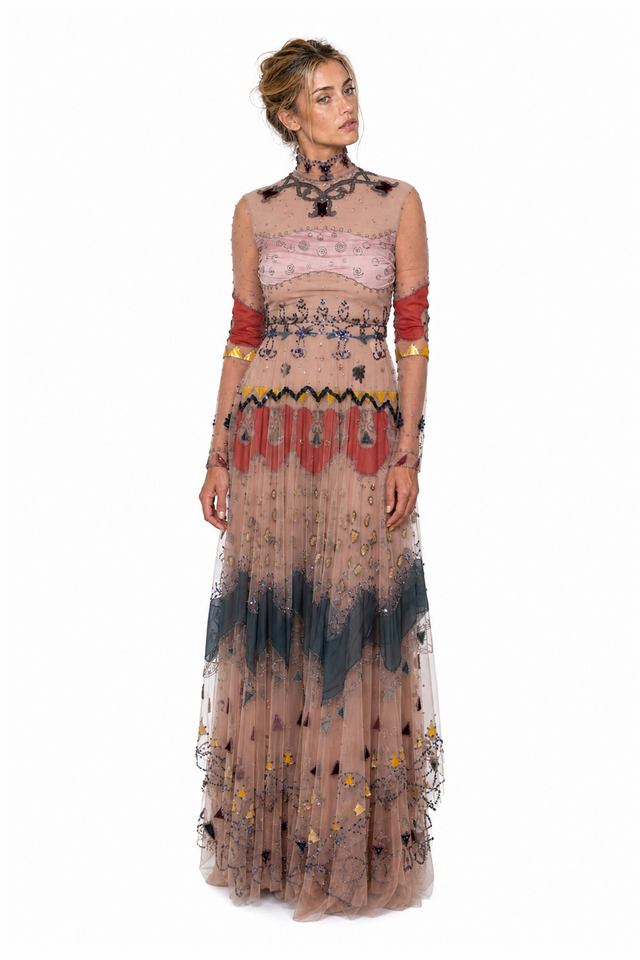 Valentino women's tribal beaded and embroidered sheer tulle maxi gown in sand multicolor