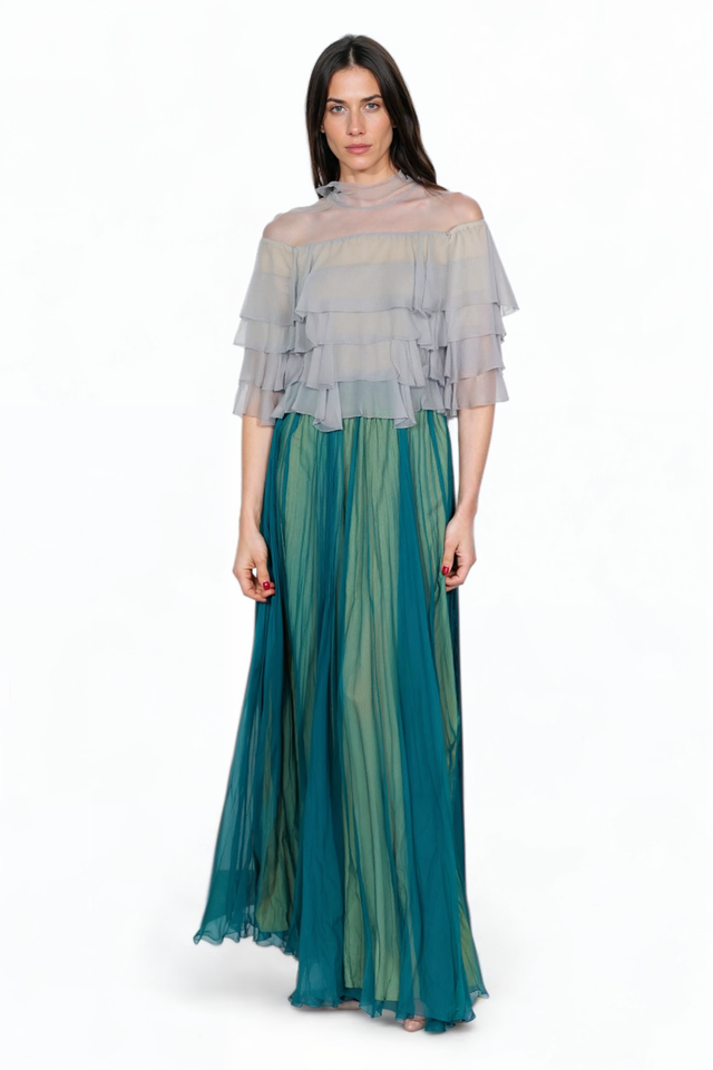 Valentino Off-Shoulder Tiered Chiffon Gown