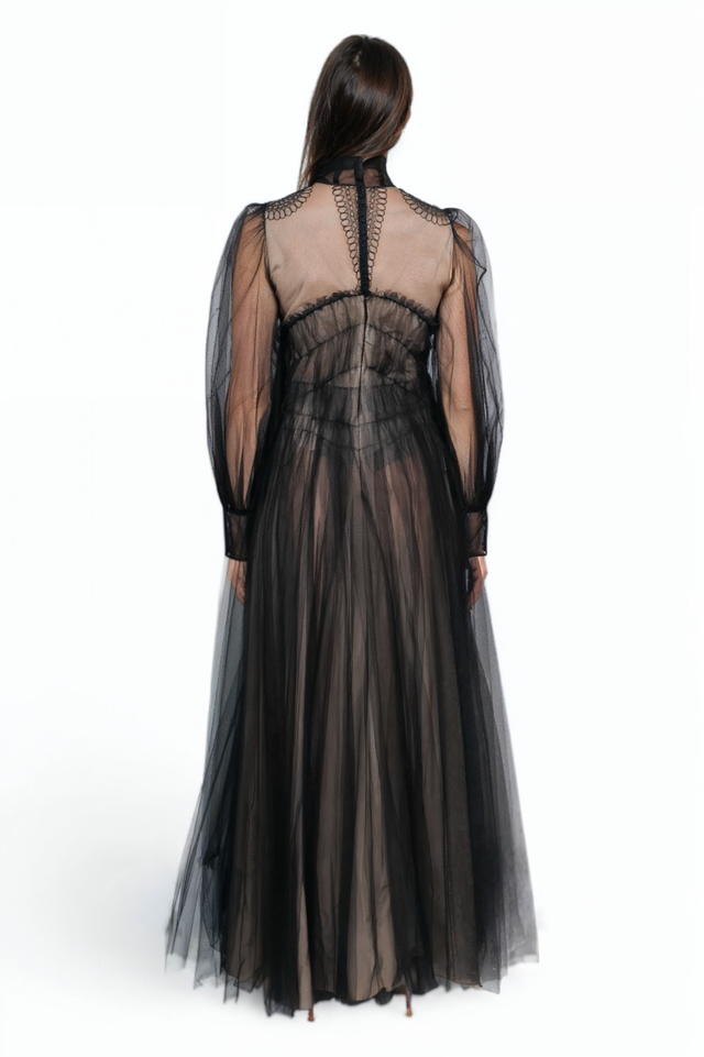 Sheer Black Tulle Gown with Embroidered Bodice