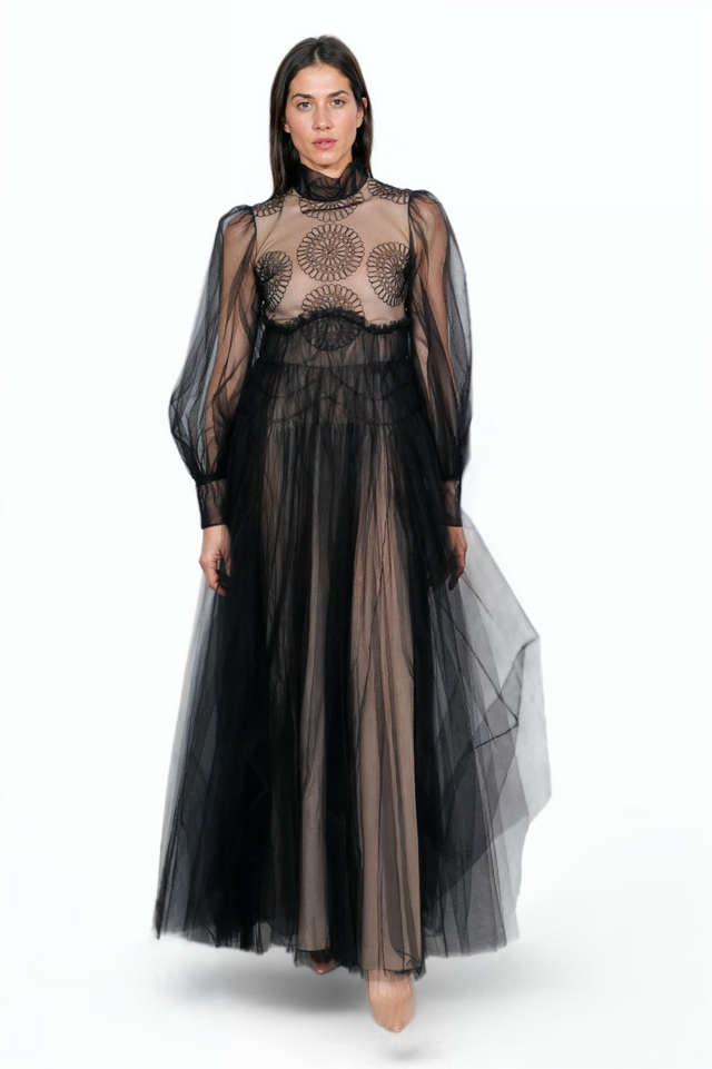 Sheer Black Tulle Gown with Embroidered Bodice