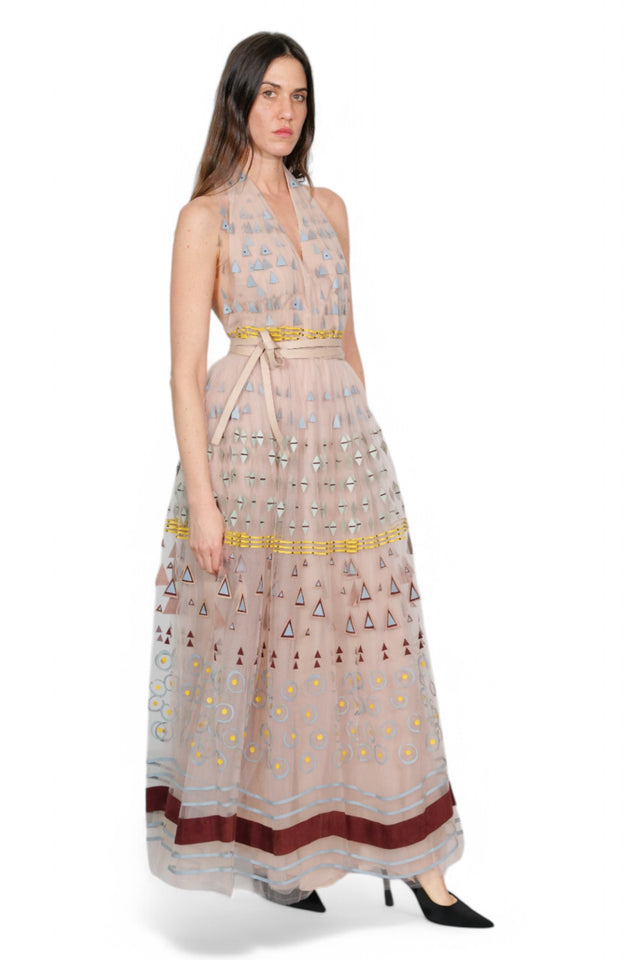 Valentino Embroidered Sheer Halter Gown