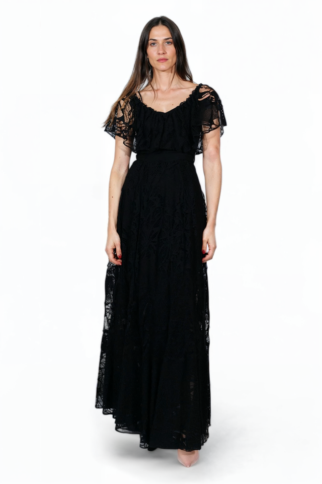Valentino Black Lace Flutter Sleeve Evening Gown