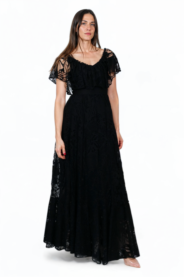 Valentino Black Lace Flutter Sleeve Evening Gown