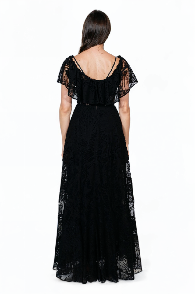 Valentino Black Lace Flutter Sleeve Evening Gown