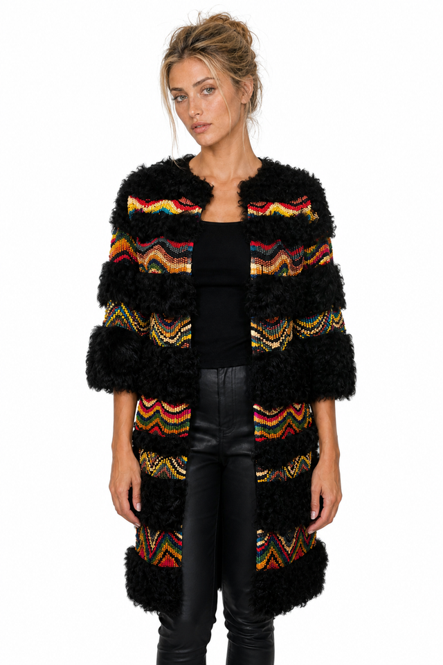 Valentino Chevron Beaded & Shearling Trimmed Longline Coat in Black Multi