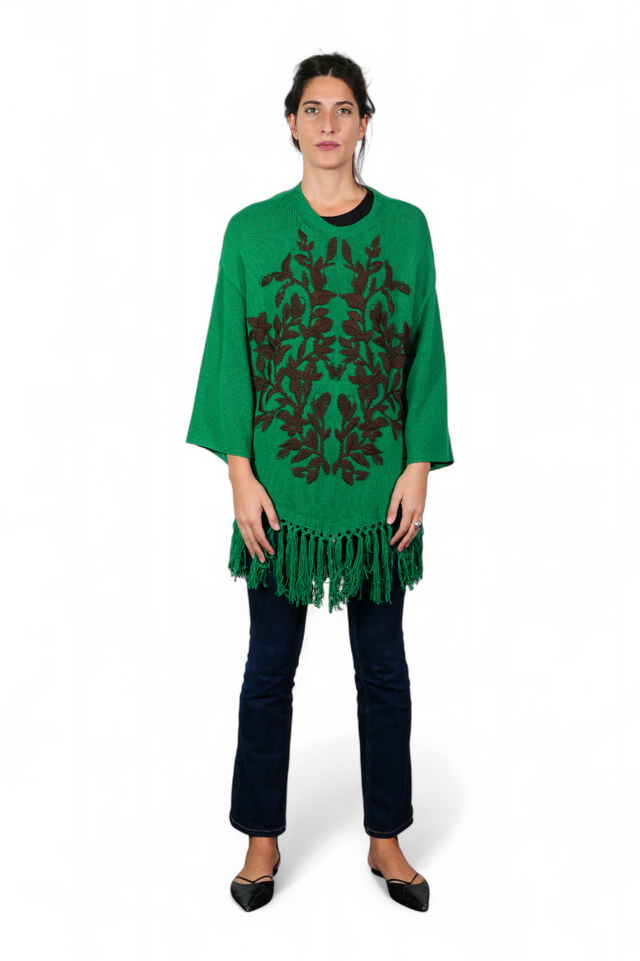 Valentino Floral Jacquard Fringe Hem Sweater — Green & Brown