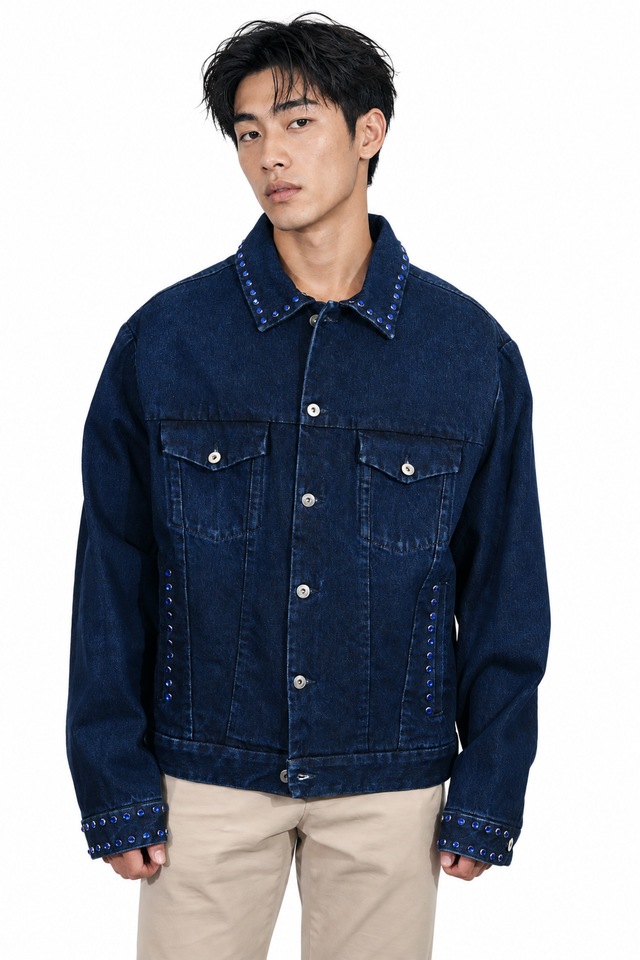 Valentino Men's Crystal Studded Denim Jacket in Dark Wash Blue