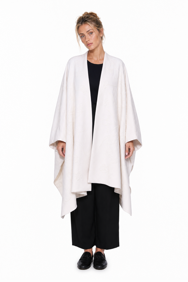 Valentino floral tonal-embroidered wool-cashmere wrap cape in ivory