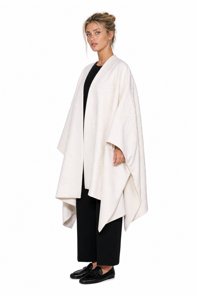Valentino floral tonal-embroidered wool-cashmere wrap cape in ivory