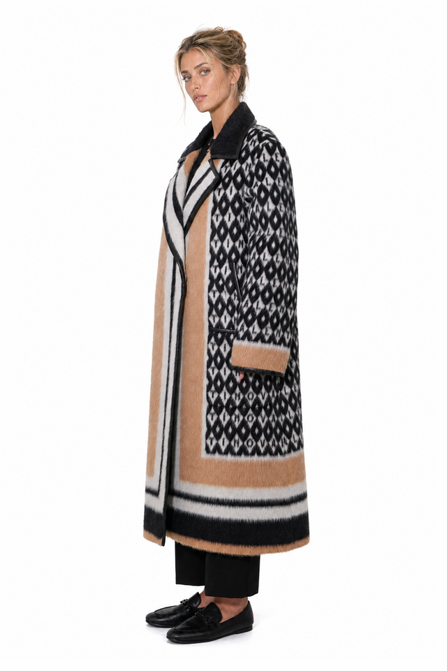 Valentino optical monogram alpaca-mohair wrap long coat in black, camel and ivory