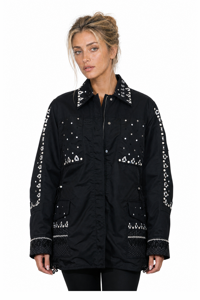 Valentino Embellished Logo Collar Technical Field Jacket in Jet Black