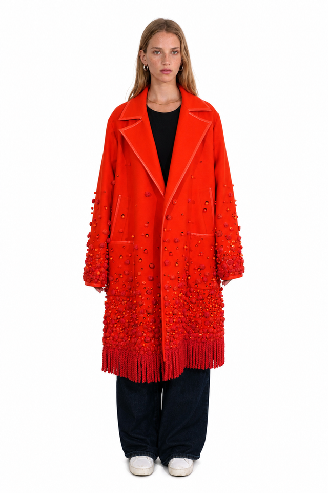 Valentino Beaded Fringe Hem Coat – Orange Oversized Wool Coat