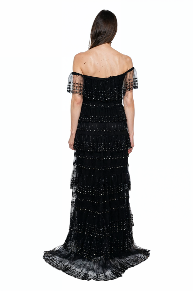 Valentino Off-Shoulder Tiered Beaded Gown