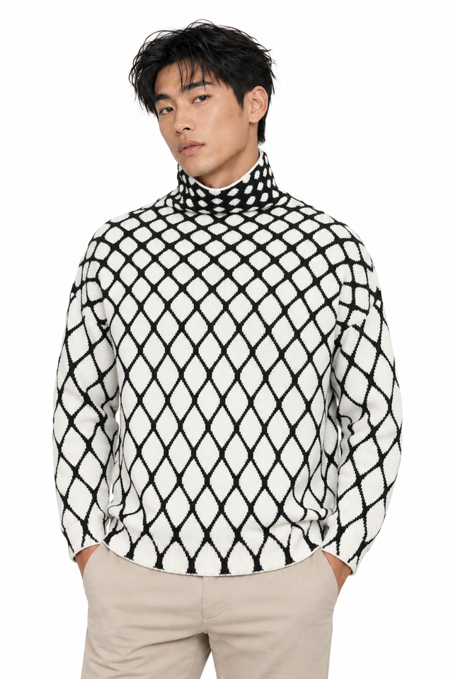 Valentino Diamond Geo Knit Turtleneck Sweater in Black/Ivory