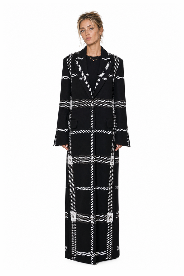 Valentino Plaid Wool-Blend Long Coat in Black & White