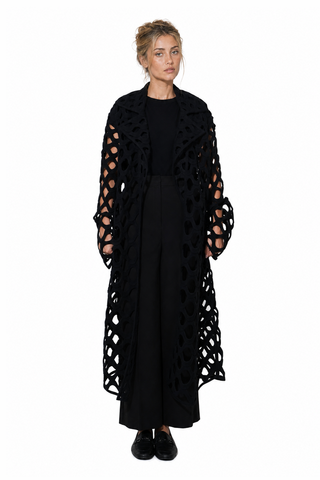 Valentino cutout felted wool open-work duster coat in jet black