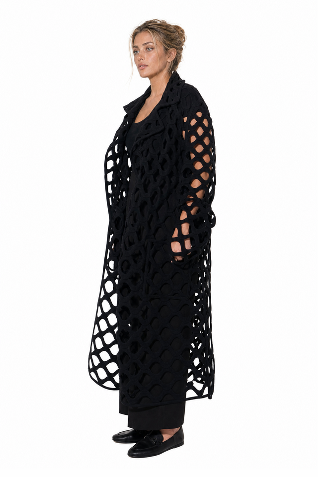 Valentino cutout felted wool open-work duster coat in jet black
