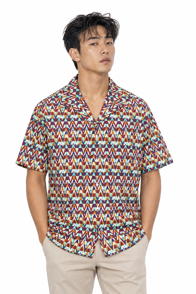 Valentino Men's Geometric Scale Print Silk Bowling Shirt in Mint & Purple