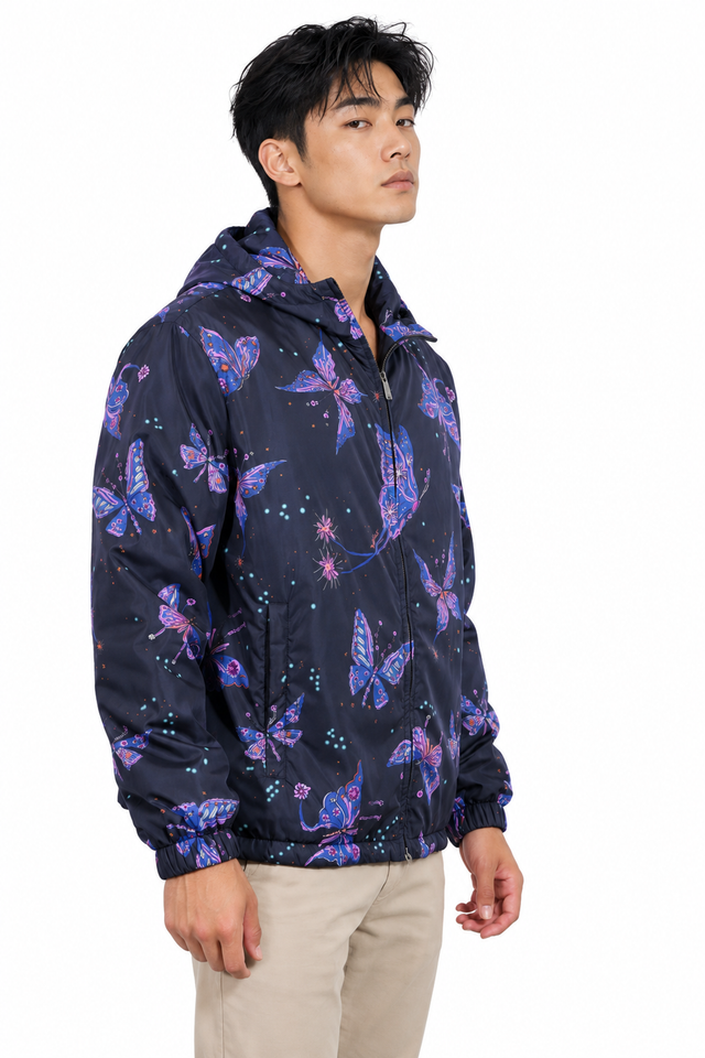 Valentino Men's Butterfly Print Hooded Windbreaker Jacket in Dark Navy