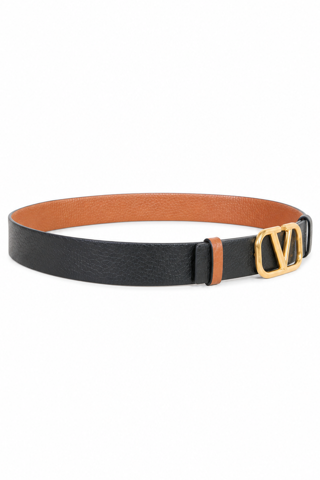 Valentino Garavani VLogo Reversible Grained Leather Belt in Black & Cognac Brown