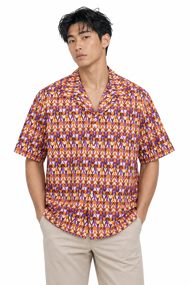 Valentino Men's Geometric Scale Print Silk Bowling Shirt in Mint & Purple