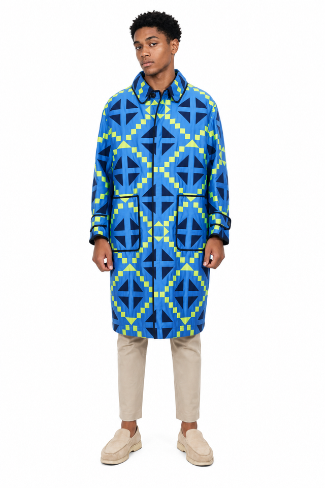Valentino blue geometric printed single-breasted trench coat