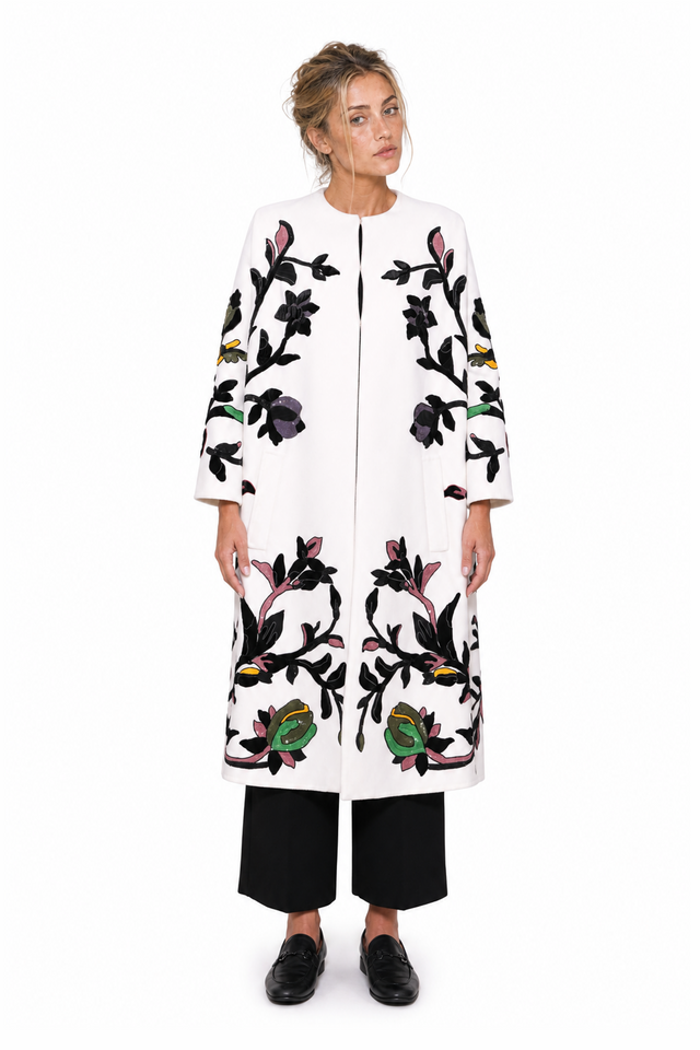 Valentino floral velvet appliqué sequin wool coat in ivory multi