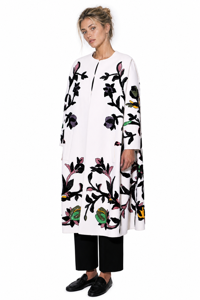 Valentino floral velvet appliqué sequin wool coat in ivory multi